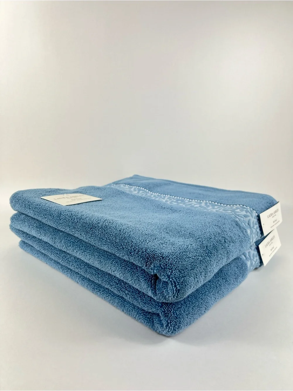 Laura Ashley Bath Towel Set MILLIE Blue with Leaf Trim 100% Cotton 2 Pc NEW